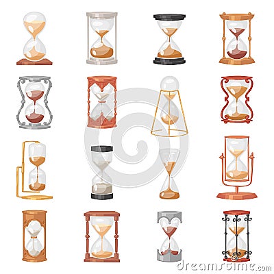 Sandglass vector glass clock with flowing sand and hourglass clocked in time illustration clocking alarm timer to Vector Illustration