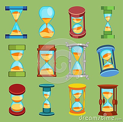 Sandglass vector watches time glass tools icons set, time hourglass sand clock flat design history second old object Vector Illustration