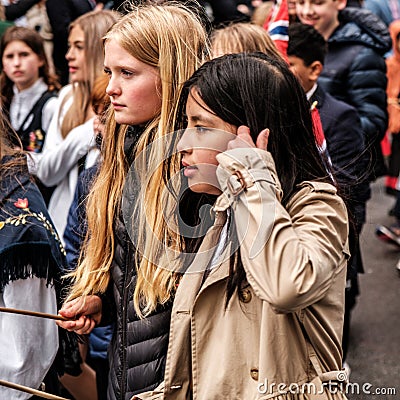 Teenage Girls Watching Street Parades On Norwegian Independence Day Editorial Stock Photo