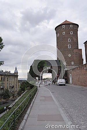 Sandomierska tower gate of wawel castle on cloudy day Editorial Stock Photo