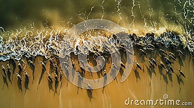 Sandpipers shift in perfect harmony, their flight creating wave-like patterns. Stock Photo