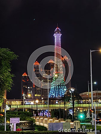 Macau Sands China Cotai Night Photography Macao Parisian Hotel Eiffel Tower Art Nouveau French Style Architectural Lighting Design Editorial Stock Photo