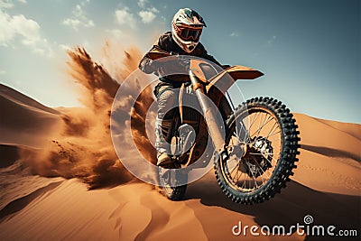 Sands of thrill Motocross rider in desert, executing breathtaking jumps Stock Photo