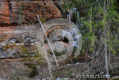 Sandstone cliff pattern with orange clay rock and green trees in the foreground. Water icicles are frozen in the rock Stock Photo