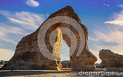 Sandstone elephant rock erosion monolith standing in the desert, Al Ula Stock Photo