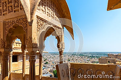 Sandstone made beautiful balcony, jharokha, stone window and exterior of Jaisalmer fort. UNESCO World heritage site overlooking Stock Photo
