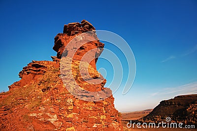 Sandstone rock stones during sunset on the top of a mountain in the Sunduki park Stock Photo