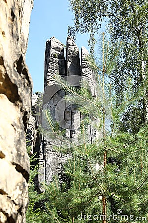 Tripled sandstone tower in Prachov Rocks Stock Photo