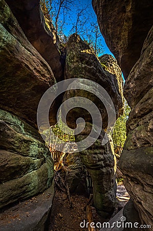 Sandstone tower stone formation from several rock in Stone labyrinth Bledne skaly Stock Photo
