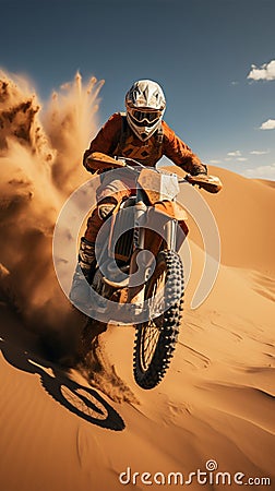 Sandstorm stunts Extreme motocross rider showcases daring jumps in desert Stock Photo