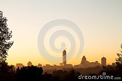 Sandton skyline at sunrise with trees silhouette Stock Photo