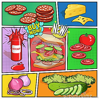 Sandwich Advertising Comic Page Vector Illustration