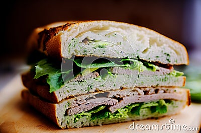 Sandwich. Appetizing multi-layered sandwich with variety of fillings. Generative AI. Stock Photo