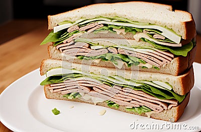 Sandwich. Appetizing multi-layered sandwich with variety of fillings. Generative AI. Stock Photo