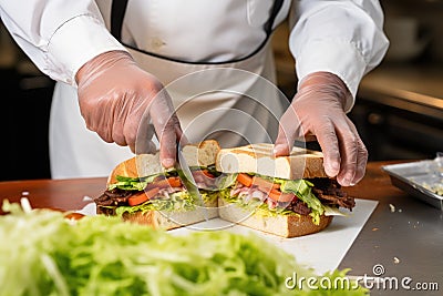 sandwich artist placing the final ingredient on a sandwich Stock Photo