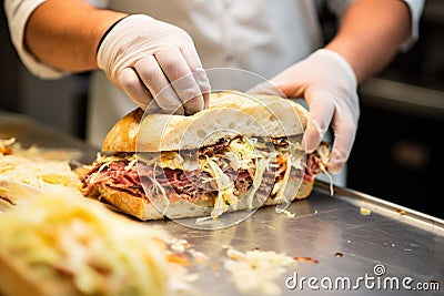 sandwich artist spreading sauerkraut generously on a sub Stock Photo