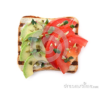 Sandwich with avocado, tomato, cream cheese and microgreens isolated on white, top view Stock Photo