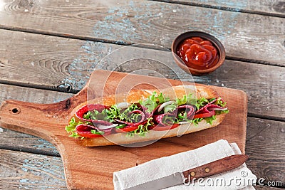 Sandwich baguette tomato salami tomato sauce and herbs Stock Photo