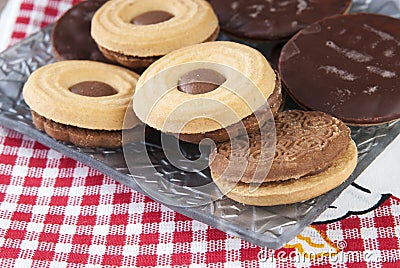 Sandwich biscuits on the wooden table Stock Photo