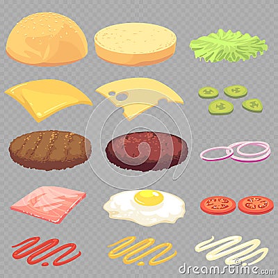 Sandwich, burger, cheeseburger food ingredients cartoon vector set isolated on transparent background Vector Illustration