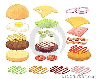 Sandwich and burger food ingredients cartoon vector set Vector Illustration