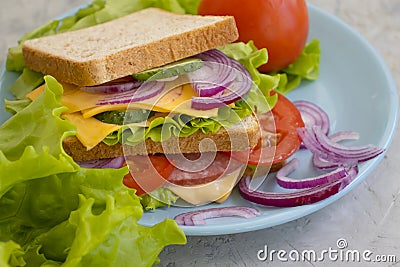 Sandwich with cheese, sausage, lunch natural board breakfast freshness tomato, lettuce, blue onion on old background Stock Photo