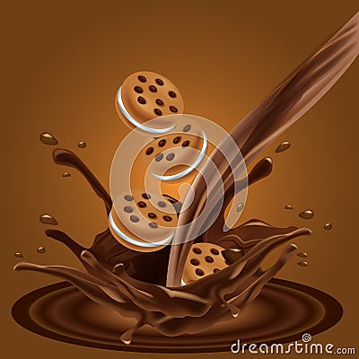 Sandwich chocolate cookies ad, flowing chocolate with cookies. Advertising layout for your package design Vector Illustration