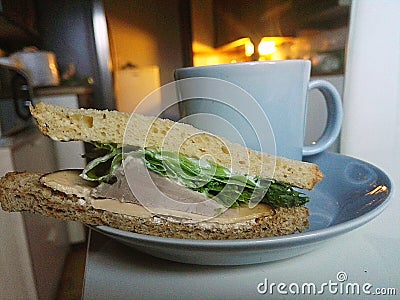 Sandwich coffee cup on table Stock Photo