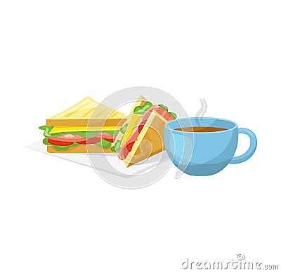 Sandwich coffee cup table. Fresh deli sandwich hot beverage. Breakfast food morning coffee vector Vector Illustration