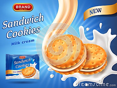 Sandwich cookies ads. Delicious vanilla cream flow. Cracker drop in milk splash. Package design template. Blue Vector Illustration