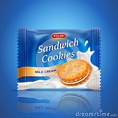 Sandwich cookies or cracker package design. Easy used template on blue background. Food and sweets, baking and Vector Illustration