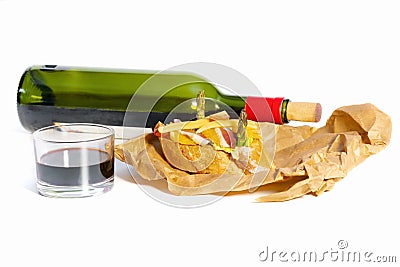 Sandwich with crab salad and assorted vegetables on a paper bag with wine Stock Photo