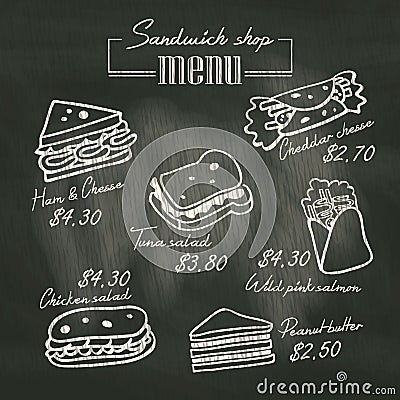 Sandwich doodle menu drawing on chalk board background Vector Illustration