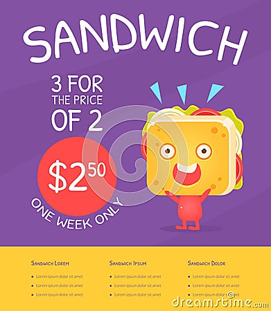 Sandwich Gift Voucher Template, Fast Food Discount Coupon with Funny Sandwich Cartoon Character Vector Illustration Vector Illustration