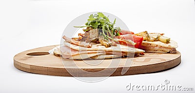 Sandwich with ham, tomato, cheese and golden French fries potato Stock Photo