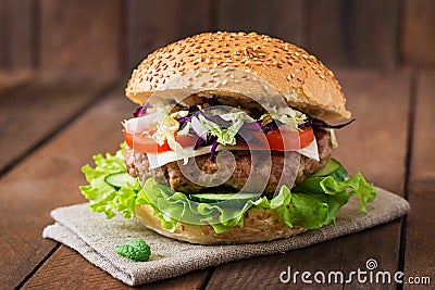 Sandwich hamburger with juicy burgers, cheese Stock Photo