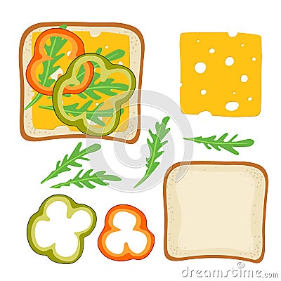 Sandwich Ingredients. Sandwich with paprika, cheese, arugula. Snack. Overhead view of isolated Breakfast snacks on toast Vector Illustration