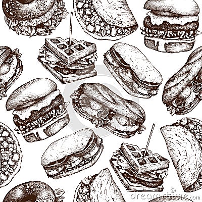 Fast food restaurant background. Seamless pattern with hand drawn burgers, tacos, sandwiches, waffles, bagles sketches. Vintage il Cartoon Illustration