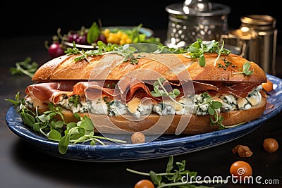 sandwich with pear, prosciutto, arugula and blue cheese Stock Photo