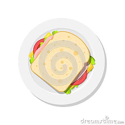 Sandwich on plate top view. Slice of bread with cheese tomato salad ham. Template for web design brochure printing food Vector Illustration