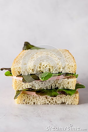 Sandwich With Sausage and Lettuce Tasty and Fast Snack Gray Background Vertical Stock Photo