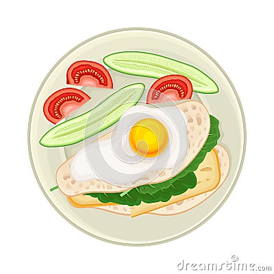 Sandwich with Scrambled Egg and Greenery Served on Plate with Vegetables Vector Illustration Vector Illustration