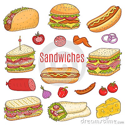 Sandwich set, vector sketch illustration Vector Illustration