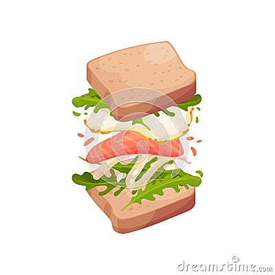 Sandwich on square slices of bread with red fish. Vector illustration on white background. Vector Illustration