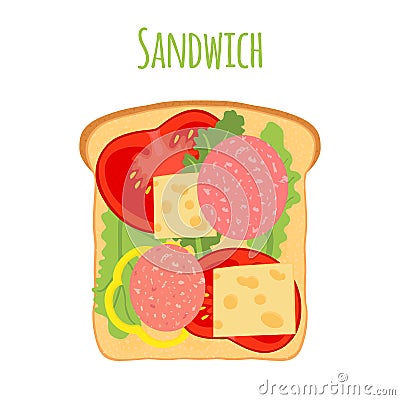 Sandwich. Tomato, pepper, cheese, salad, toast. Flat style. Vector illustration Vector Illustration