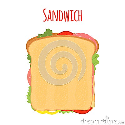 Sandwich. Tomato, pepper, cheese, salad, toast. Flat style. Vector illustration Vector Illustration