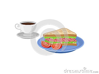 Sandwich and two slices of tomato on blue plate, cup of fresh coffee on saucer. Delicious breakfast. Flat vector design Vector Illustration