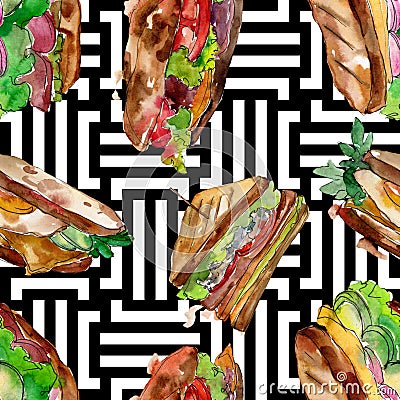 Sandwich in a watercolor style. Watercolour fast food illustration element. Seamless background pattern. Cartoon Illustration