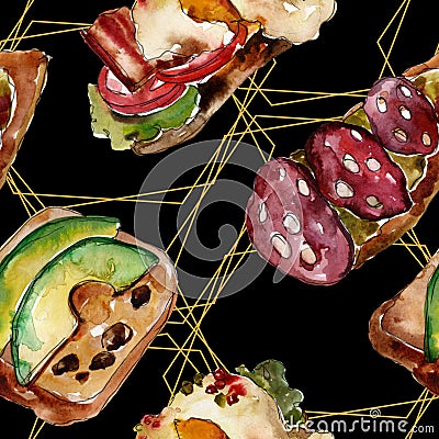 Sandwich in a watercolor style. Watercolour fast food illustration element. Seamless background pattern. Cartoon Illustration