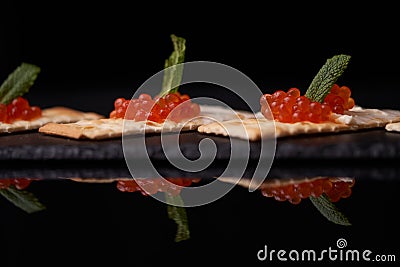 Sandwiches of cracker canapes with red caviar and butter and a leaf of green mint on a plate of slate. Seafood, red caviar. Stock Photo